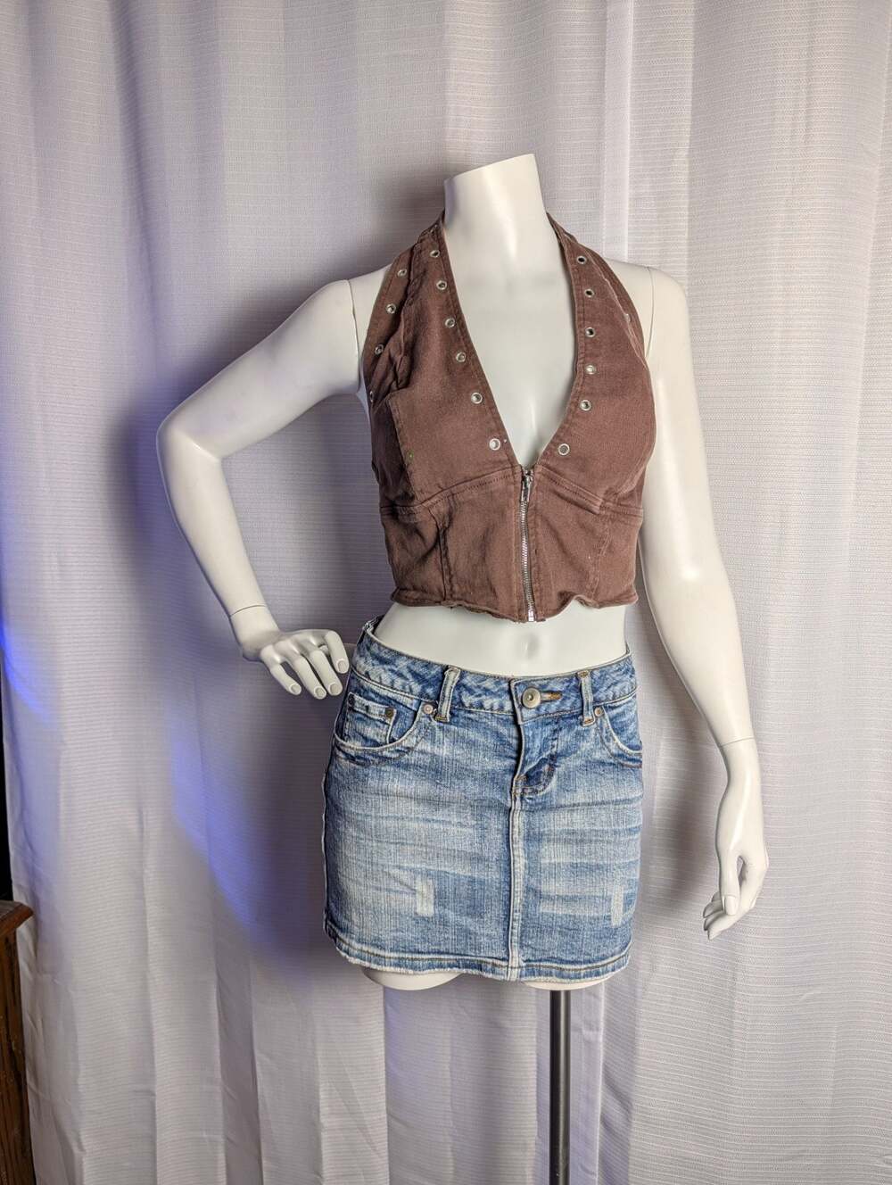 Windsor Denim Brown Corduroy Zip-Up Halter Crop Top